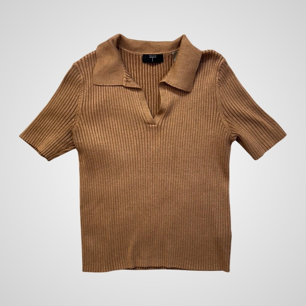 Tahari Ribbed Knit Polo Top Womens Medium Brown Short Sleeve Excellent V-Neck